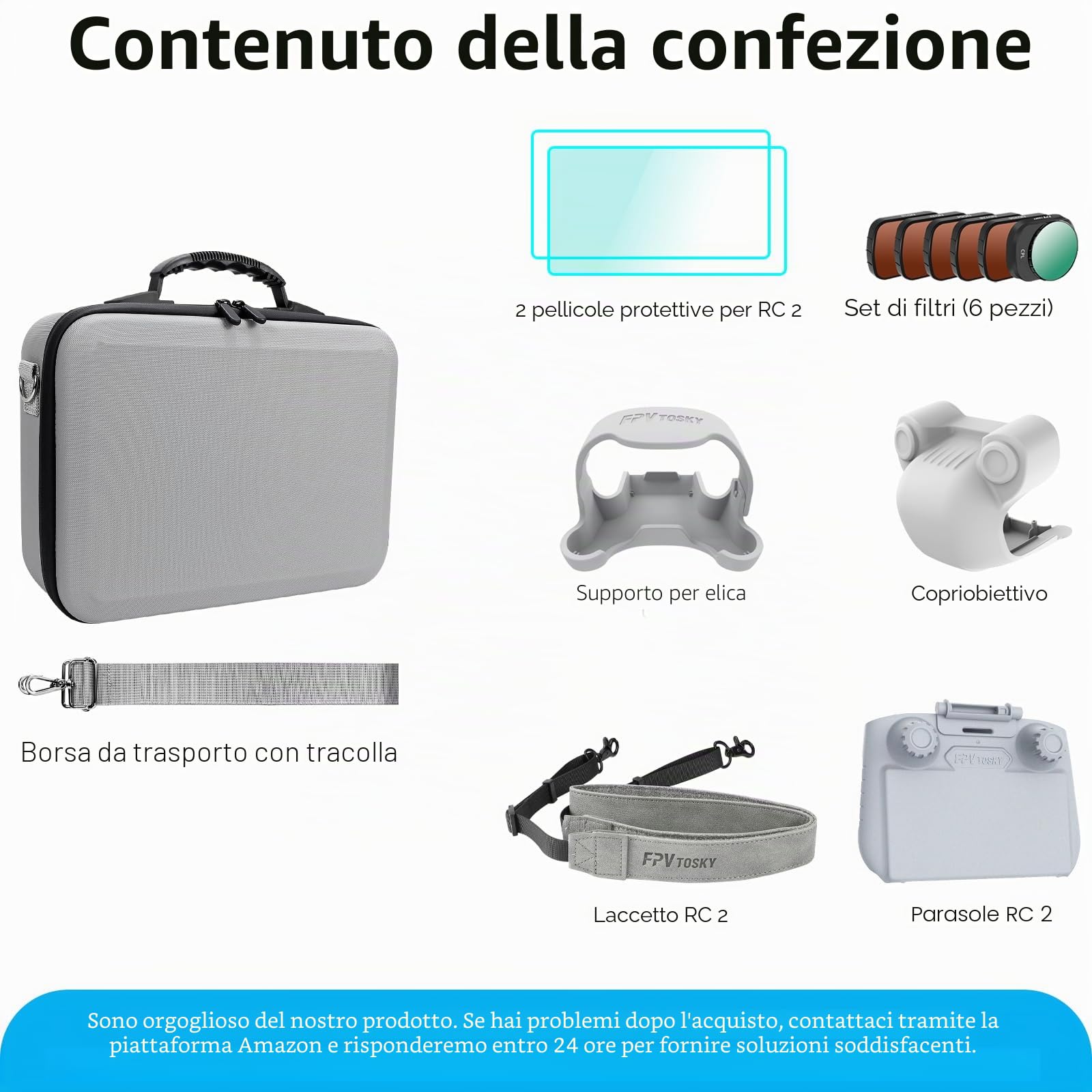 FPVtosky Pacco accessori Mini 4 Pro - Kit 7 in 1, custodia di trasporto, set di filtri ND, parasole RC2, cordino, coperchio dell'obiettivo, protezione per lo schermo, supporto per l'elica per DJI Mini