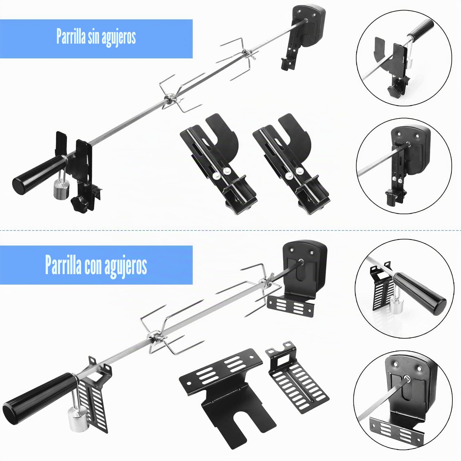 Asador Giratorio Electrico con 2 Agujas de Carne y Motor, Alimentado pour Cable USB y Adaptador, Pincho Asador pour Parrillas de Gas, Carros de Parrilla, Longitud Ajustable 69-137 cm