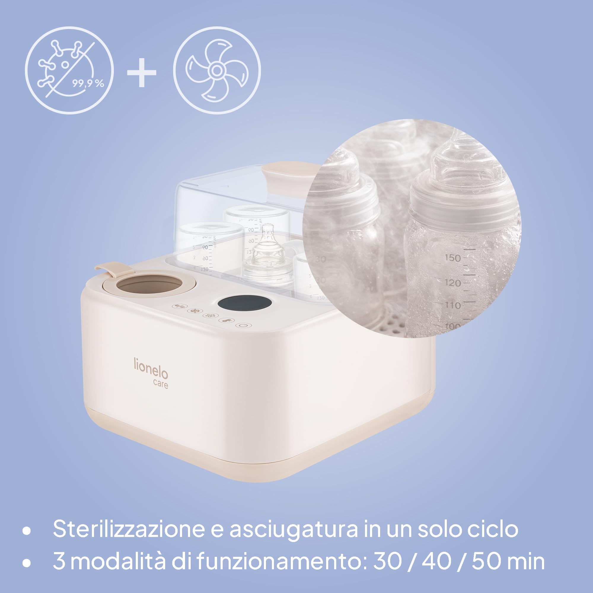 Lionelo STEAMUP Sterilizzatore Biberon 3 in 1 Elettrico, Sterilizzatore a Vapore con Asciugatura Automatica e Scaldabiberon, 99,99% Batteri, Pannello Touch, Auto Spegnimento, BPA Free, per 4 Biberon