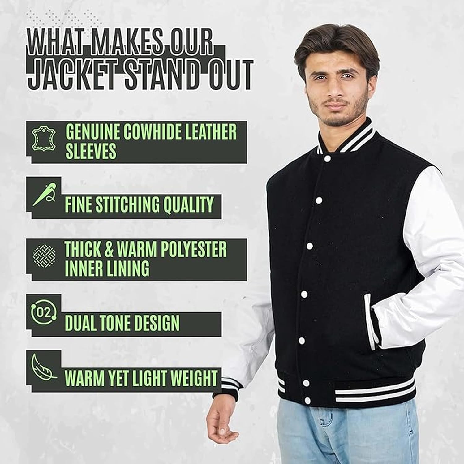 Varsity Jacket Men with Genuine Leather Sleeves and Wool Blend-Lightweight Baseball Jacket Men