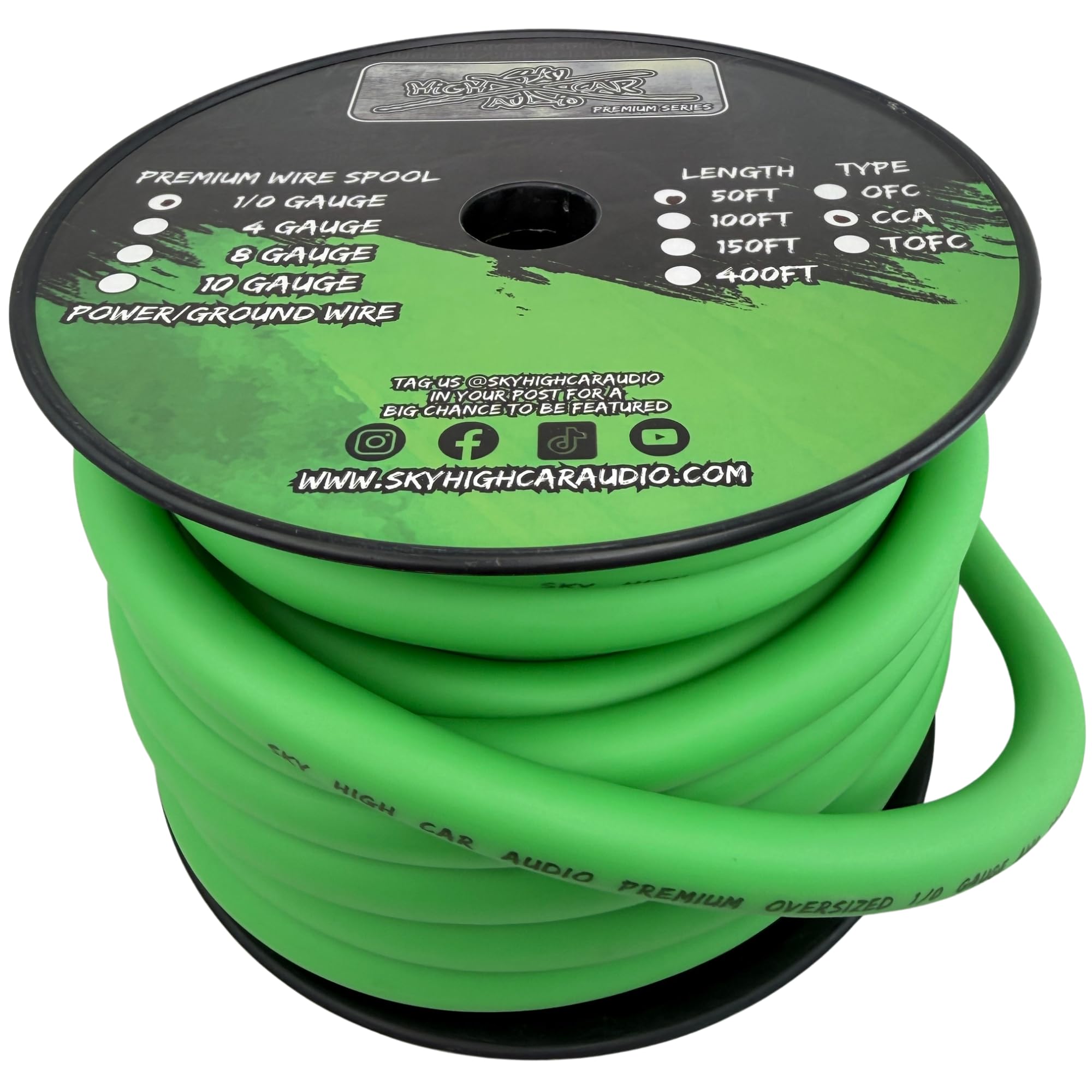 50 ft CCA 1/0 Gauge Oversized Green Power Ground Wire Sky High Car Audio
