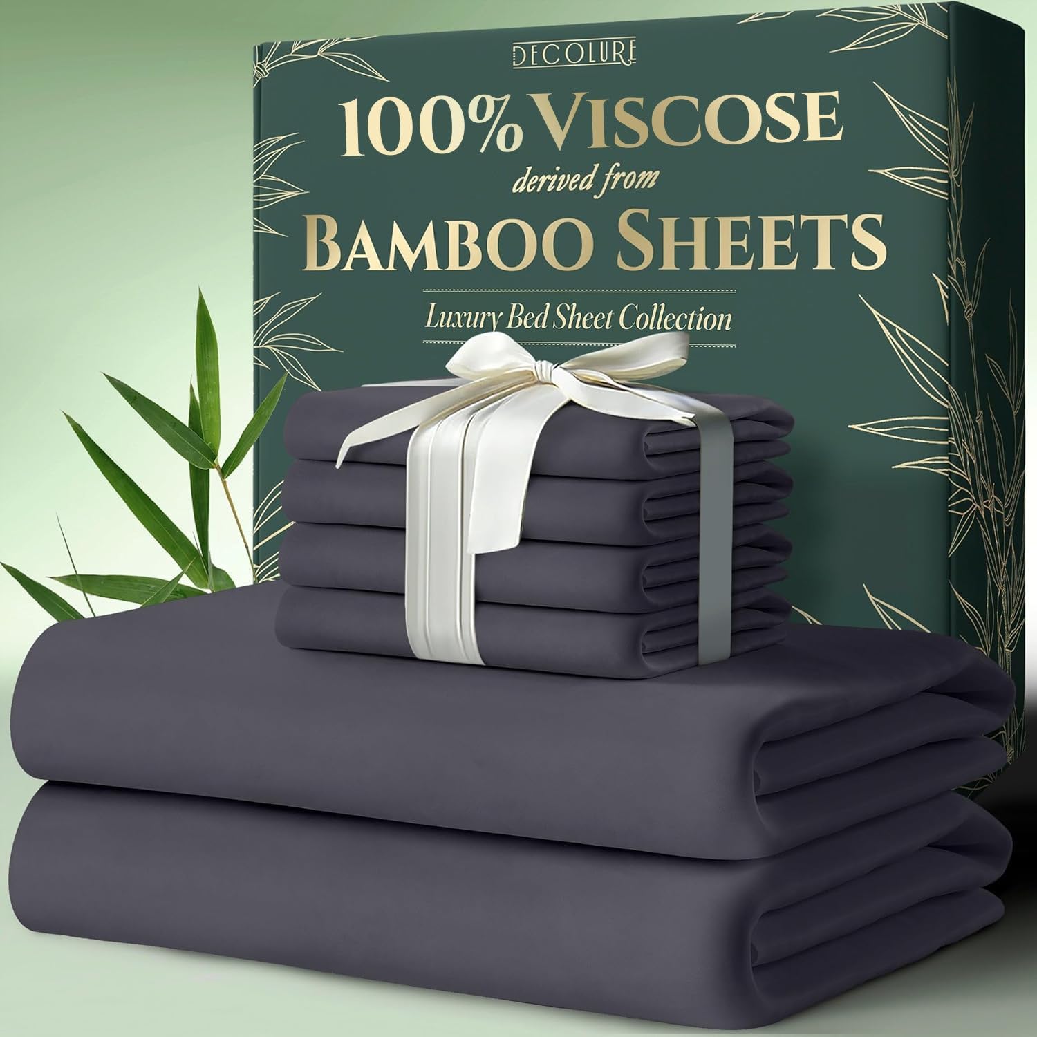 DECOLURE 100% Viscose Derived from Bamboo Sheets King Size 6pcs - Ultra Soft & Luxuriously Cooling, 17" Deep Pocket, Double Stitching, Perfect for Hot Sleepers - King Bed Sheets (Grey)