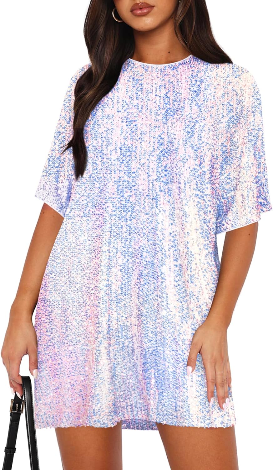 MIYIEONZ Women's Crew Neck Sequin Dress for Women Sexy V Neck Shirt Dress Sparkly Half Sleeve Loose Party Club Cocktail Dress