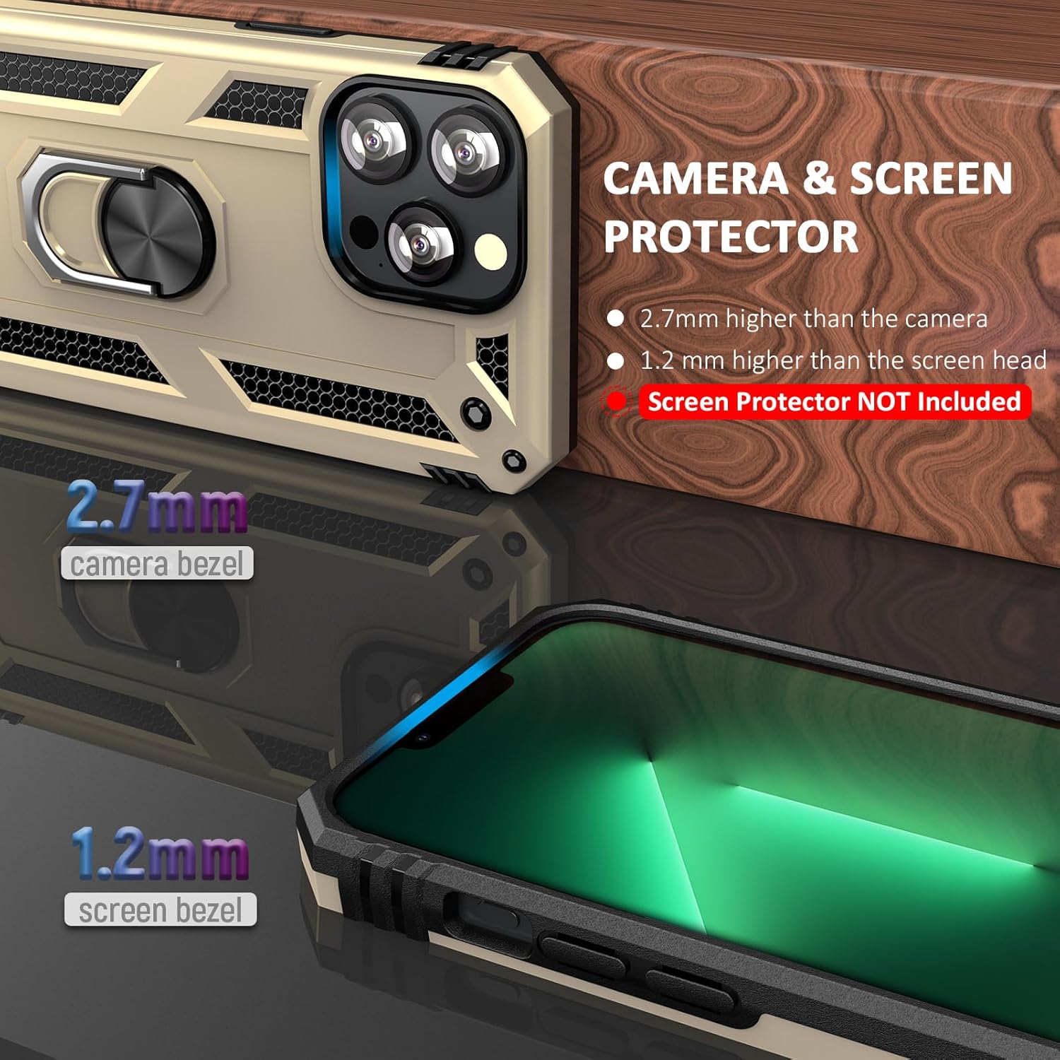 ADDIT i Phone 13 Pro Max Case, for iPhone 13 Pro Max Case,with Kickstand Ring,Adjustable Stand,Military Grade,Heavy Duty Protection,Shockproof,Anti-Fingerprint,Support Magnet Car Mount,Gold - Image 2