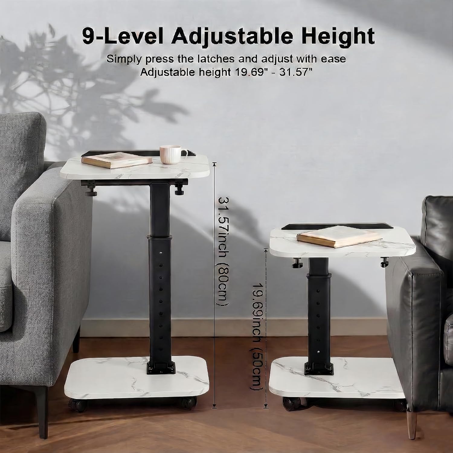 C Table End Table Adjustable Height, Rolling TV Tray Table for Small Spaces 180° Flip-Over Panel & 360° Swivel Casters,C Shaped Side Tables for Couch for Living Room/Bedroom/Bed/Sofa/Chair/Snack-White