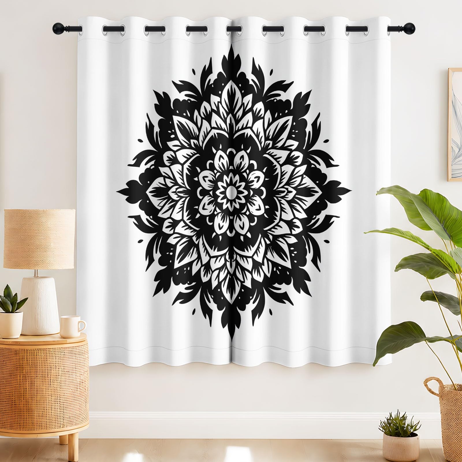 Lot de 2 Rideaux Opaques et occultants - Mandala Pétales Noir et Blanc Symétrique Rond Méditation Motif Zen Géométrique - pour Ferme, Salon, Chambre à Coucher - 132 x 214 CM cm