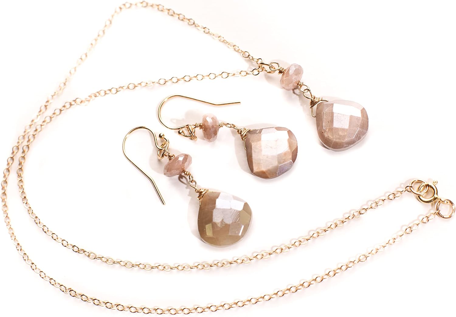 Peach Moonstone Faceted Pear Drop Necklace, Earrings Jewelry Set, Wire Wrapped Briolette Dangling Charm, Moonstone Earrings in 14K Gold Filled