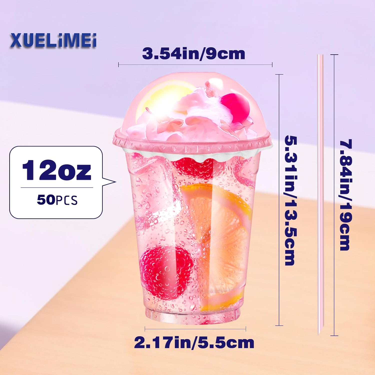 12oz Disposable Stemless Glasses With Dome Lids and Straws,PET Solo Disposable Cups,Party Clear Plastic Wine Glasses for Parties Birthday,Wedding,Meeting,Christmas Party Supplies. (50, Pink)