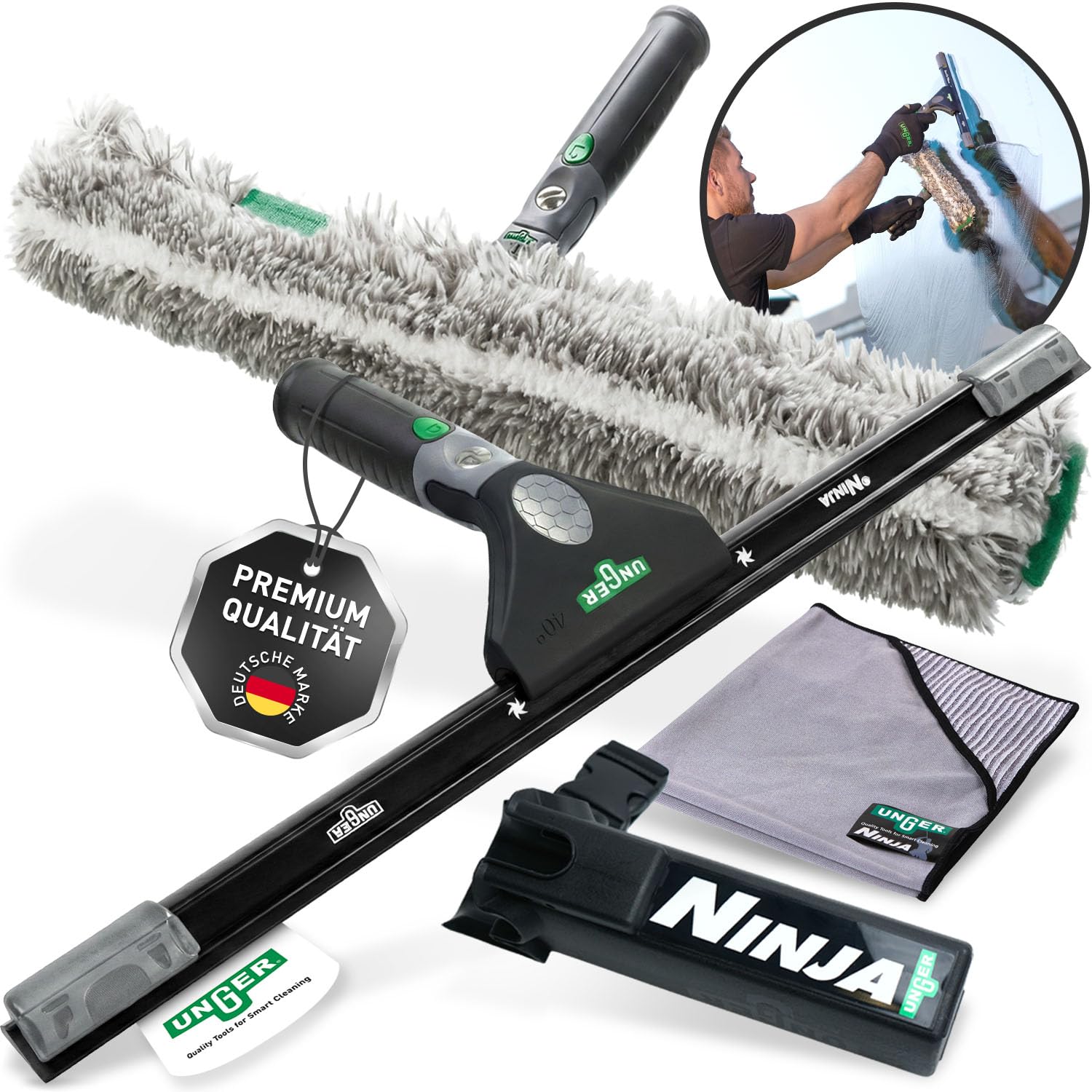 UNGER Ninja Profi Fensterreiniger 4in1 Advanced Kit – Premium Fensterputzer Set mit Profi Fensterabzieher, Fensterwischer, Mikrofasertuch und Bucket-on-a-Belt für professionelle Glasreinigung