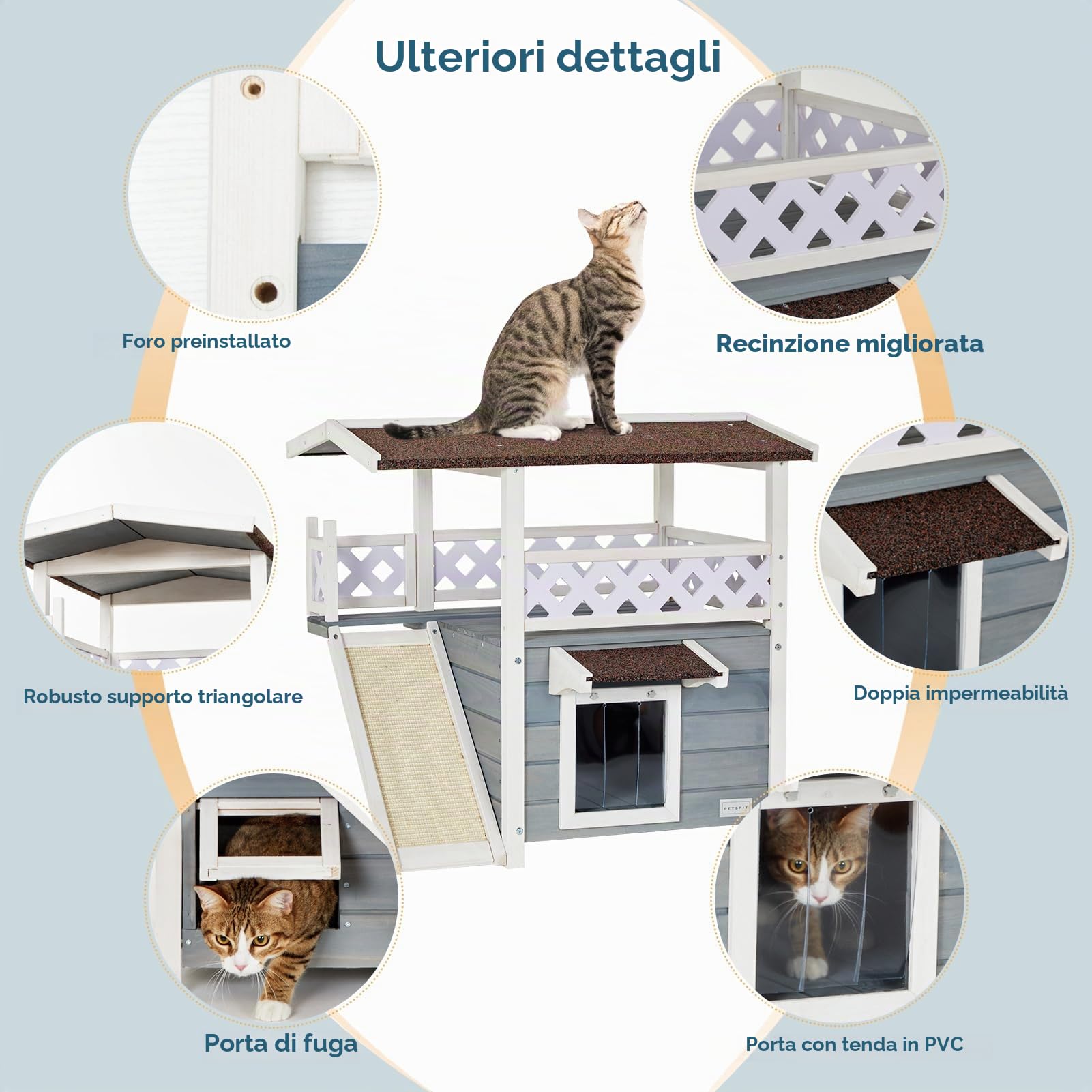 Petsfit Casetta per Gatti in Legno, con Tetto Asfalto, Cuccia per Gatto da Esterno (Grigio con tiragraffi, 76x56x72.4cm)