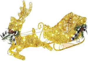 GAOMON Gold Reindeer Christmas Decor, Metal Frame Christmas Reindeer with Sleigh, Tabletop Reindeer Statue Christmas Decor, Lighted Deer Figurine, Battery Operated Glittering Xmas Holiday Party Supply