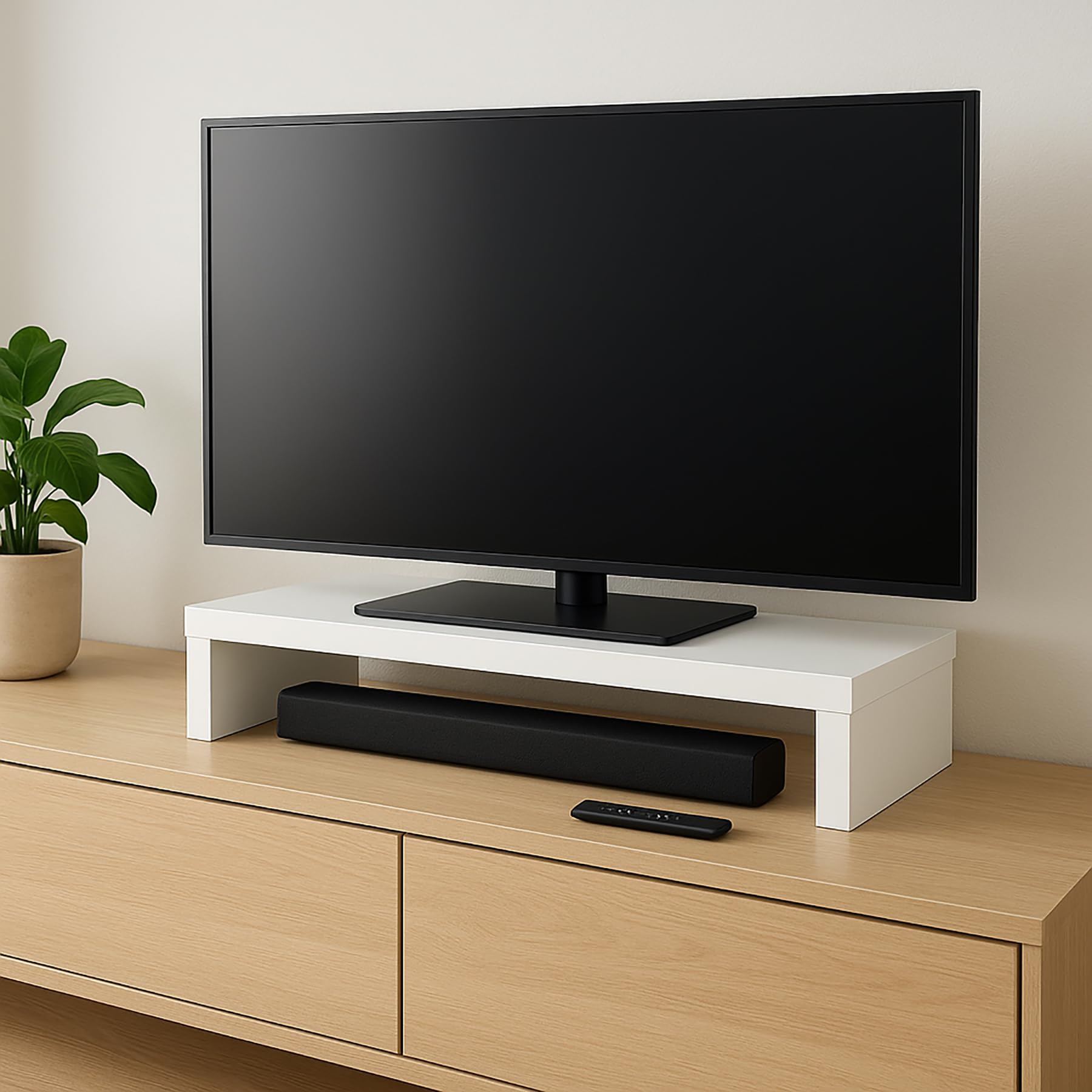 Henor Soporte Monitor y TV de Madera. Elevador de Pantalla 62 x 26.5 x 12 cm. Soporta hasta 50 kg. Color Blanco