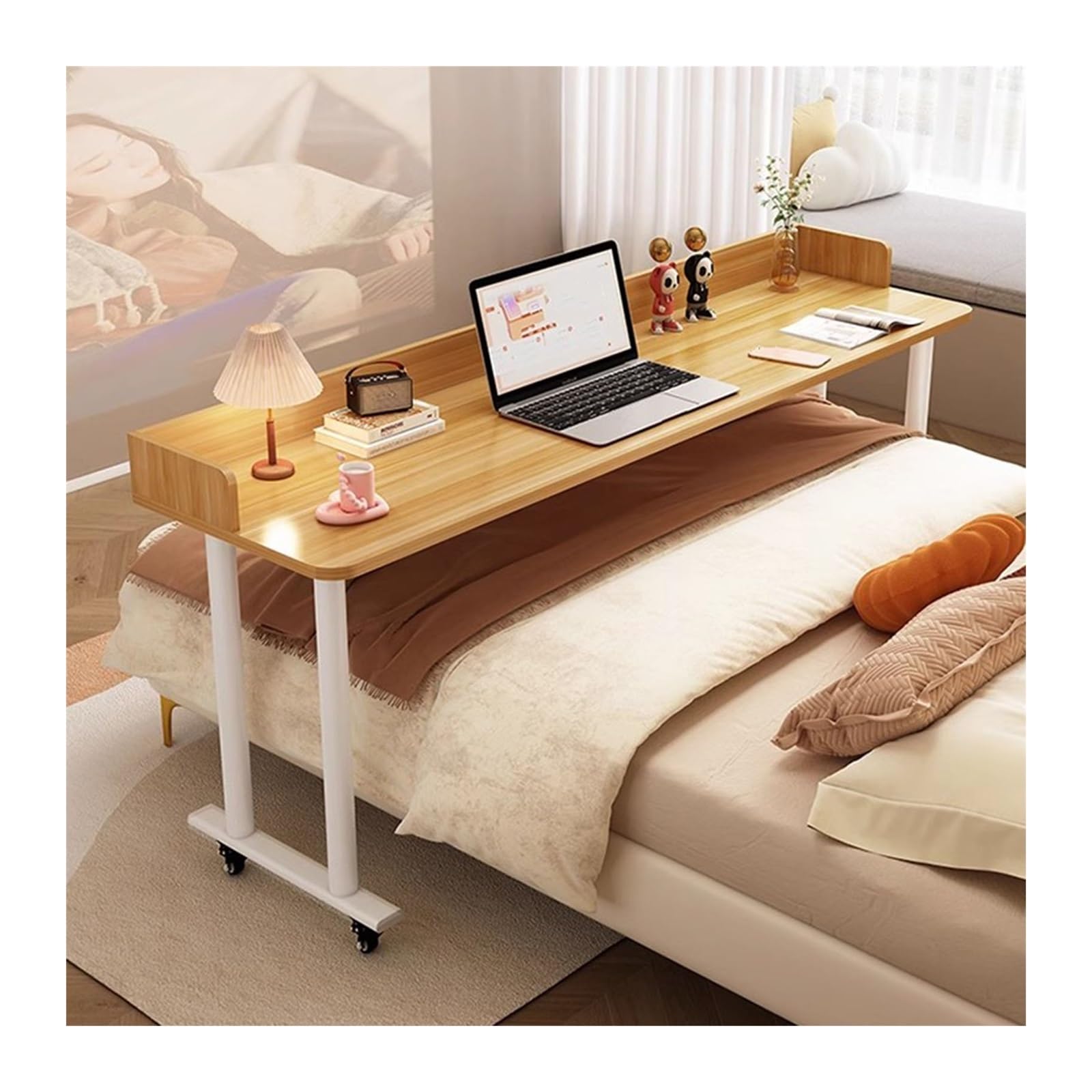 Bureau mobile sur lit en bois massif avec roulettes pour petite chambre