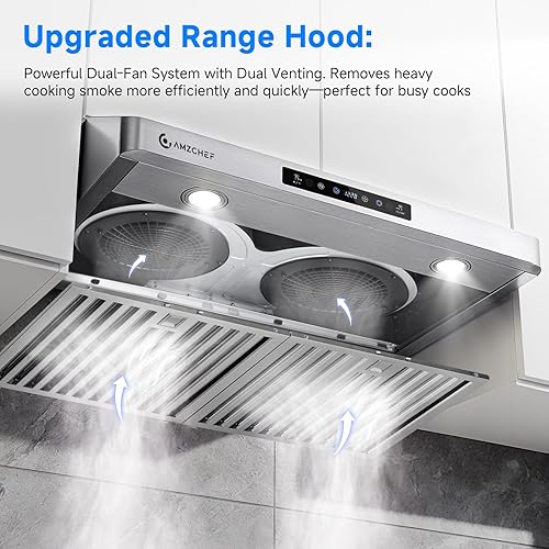 Miniatura 3 de AMZCHEF Campana extractora debajo del gabinete de 30 pulgadas con sistema de ventiladores duales, ventilación ultra potente de 1050 CFM, campana de