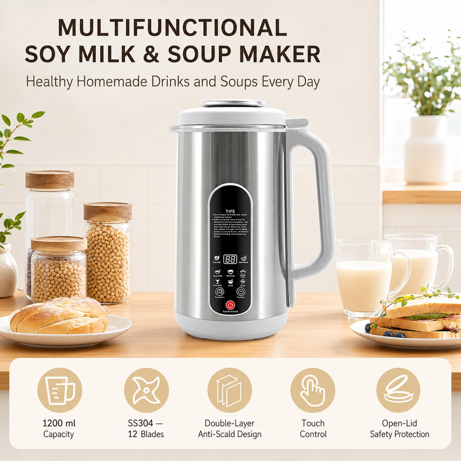 Macchina per Latte Vegetale 1,2 L, Latte di Soia con Timer 24 Ore e LED | 12 Lame in Acciaio Inox, Frullatura in 5 Min Senza Ammollo, Mantenimento Caldo e Autopulizia per Casa e Famiglia