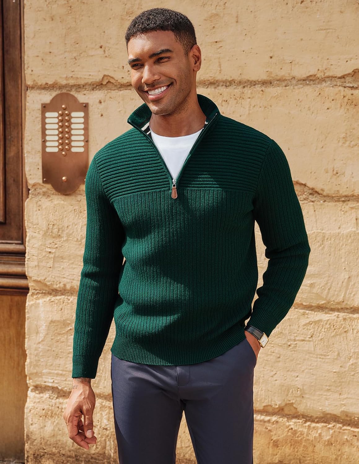 PJ PAUL JONES Mens Quarter Zip Sweater Long Sleeve Casual Pullover Knitted Textured Dress Sweaters - Image 6