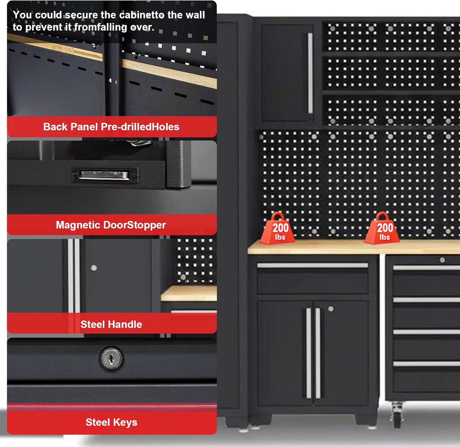 Garage Storage Cabinet System, 18-Piece Garage Cabinets and Storage System Corner Workshop Set with Corner Cabinet, Cabinet Drawers, Workbench, Pegboard for Tool Organization, Black