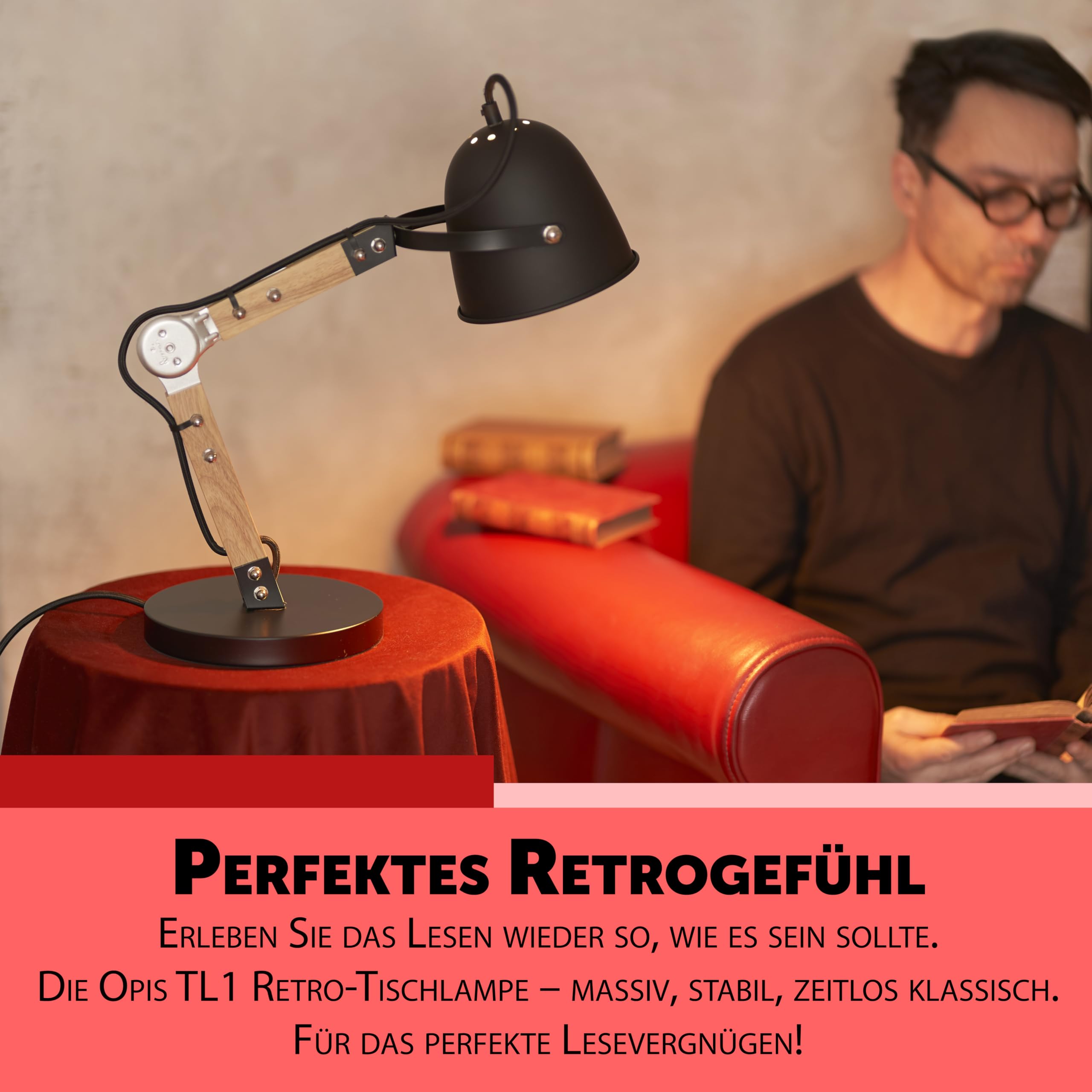 Opis TL1 : Vintage Style Tischlampe als klassische Nachttischlampe oder Industrial Retro Schreibtischlampe aus massiven Holz und Metall-teilen in Schwarz