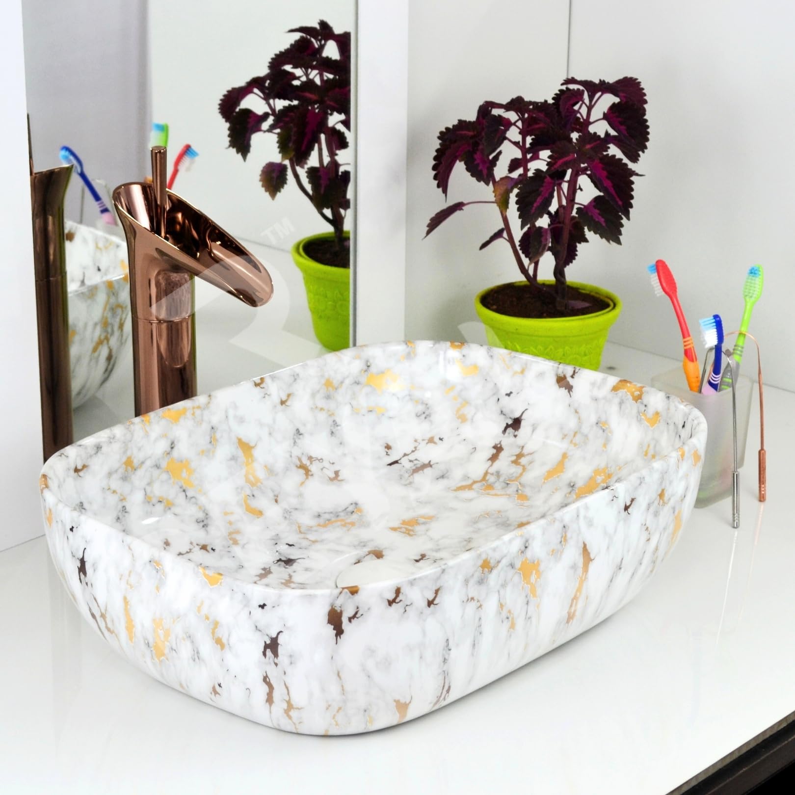 Reyal Marble Ceramic Tabletop Wash Basin – Countertop Vessel Sink for Bathroom, Hotel & Home (18 x 13 x 5.5 Inch, White with Golden Spikes – Glossy Finish)