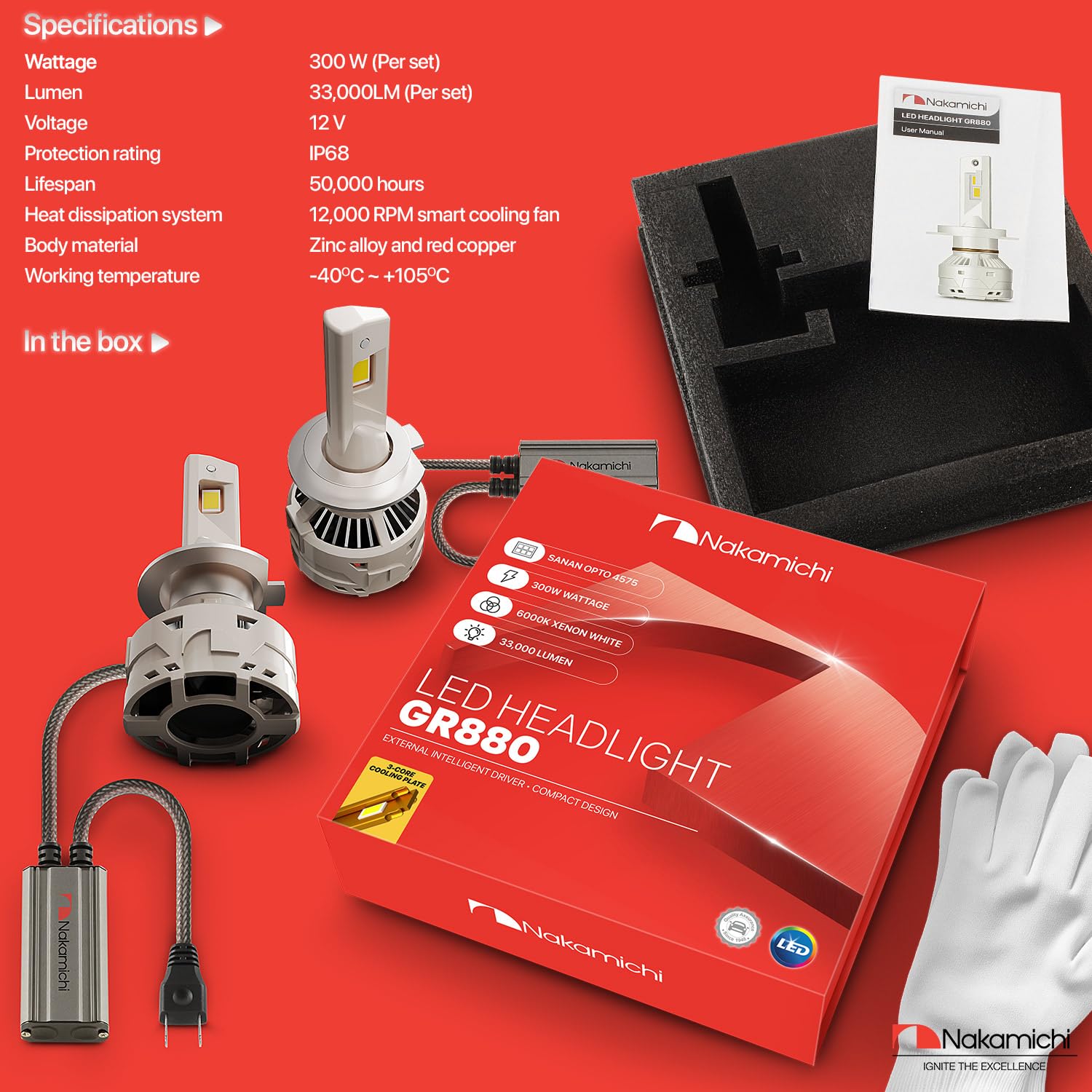 Nakamichi Lampadine LED GR880 Series 9006 Per La Sostituzione, 33,000 Lumen 300W Per Set, Bianco Xeno Super Luminoso, Collega E Usa, Abbaglianti E Anabbaglianti, Confezione Da 2, 6000K, 9006 (HB4)