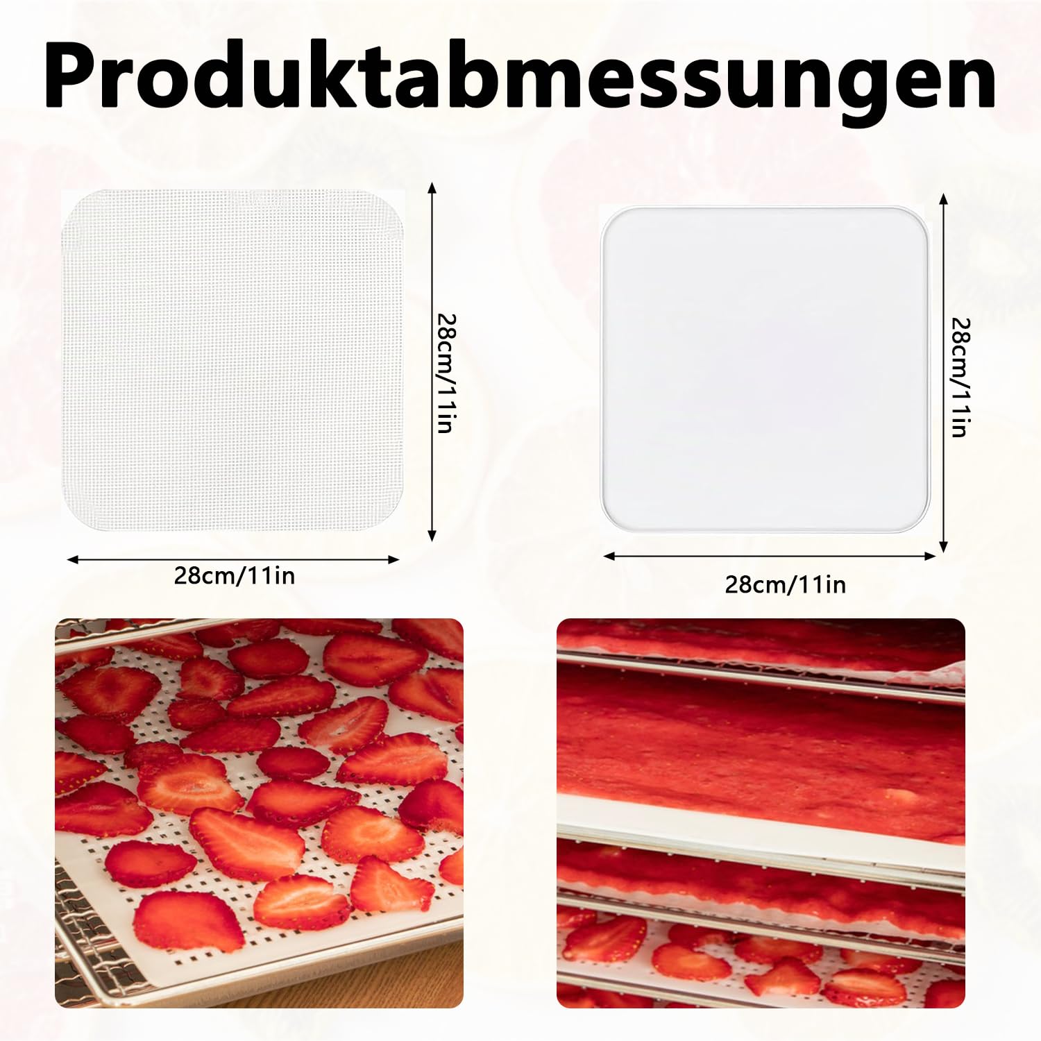 8er Silikon Dörrfolie & 8er Mesh Dörrnetz Set, Antihaft Dehydrator-Blätter mit Rand, BPA-Frei & Wiederverwendbar, Fruchtleder Matte für Dörrautomat, Flüssigkeiten, Kräuter, Fleisch, 28x28 cm