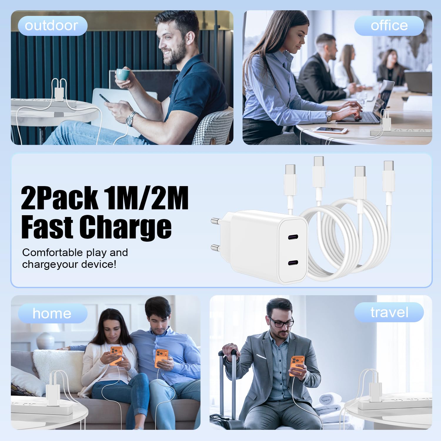 45W USB C Chargeur Rapide pour iPhone 17 16 15 Pro Max,2-Port Chargeur Usbc Apple avec 1M+2M Câble USB C pour iPhone 17 16 15 Pro /17 Air/17E/15 16 Plus/iPadPro/Samsung Galaxy S25/S24/S23 Ultra-Blanc