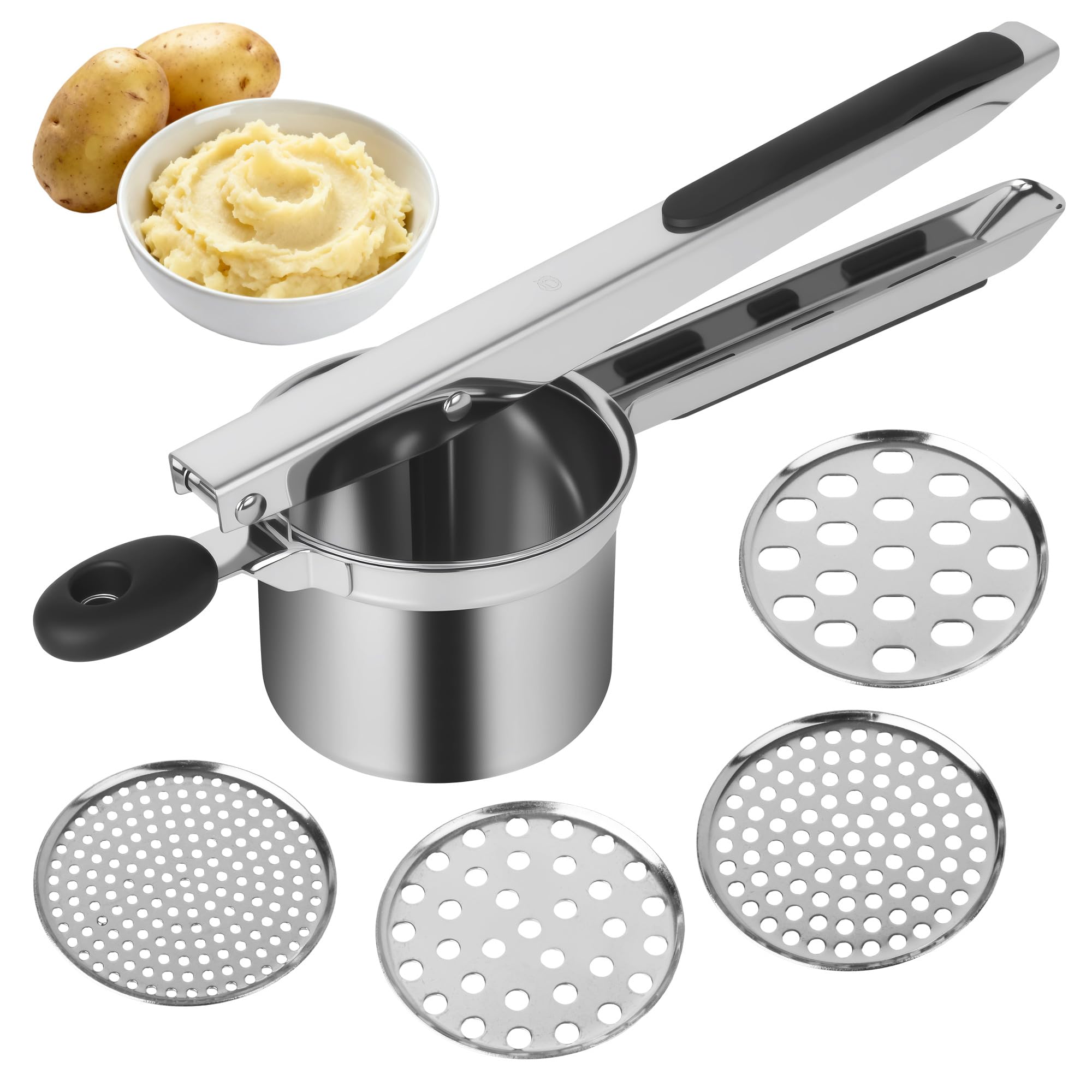 ACOMTUO mit 4 Austauschbare Sieb,Spätzlepresse,Edelstahl Kartoffelpresse,Kartoffelpresse für Kartoffelbrei,Spagettieis Quetsche für Kartoffelpüree, Gemüsebrei, Obstsäfte