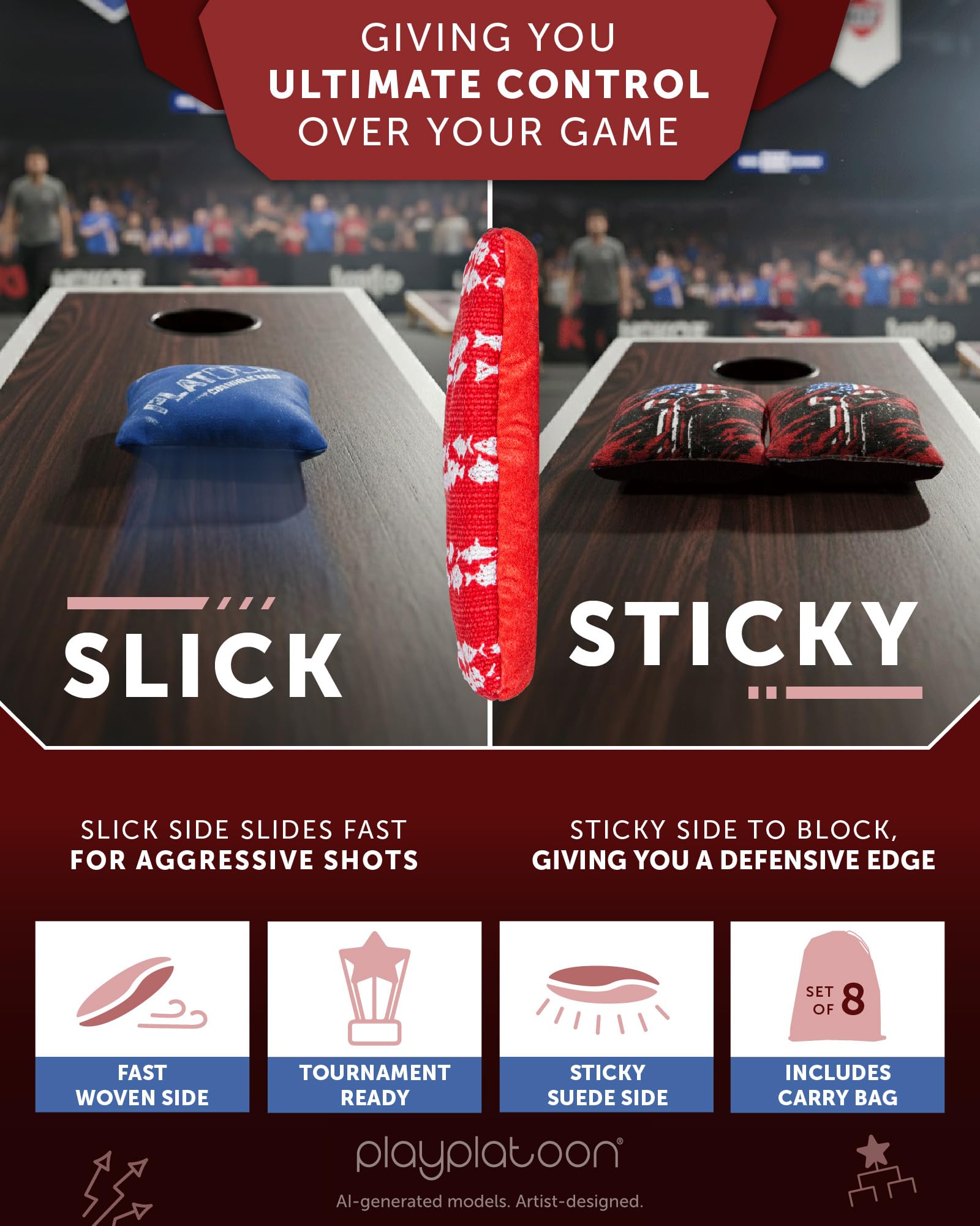 Play Platoon Tournament Series - Juego de 8 bolsas de cornhole reguladas de estilo profesional, bolsas de cornhole reguladas de doble cara, bolsas oficiales de Cornhole Slick & Sticky Bag - Diseñado