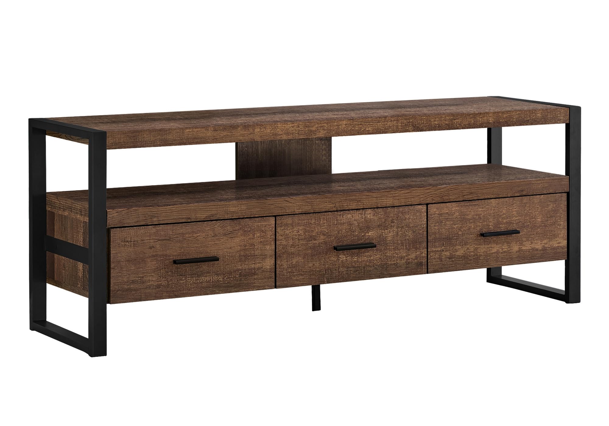 Monarch Specialties TV Stand-Console with 3 Drawers and Shelves-Industrial Modern Style Entertainment Center with Metal Legs, 60" L, Brown Reclaimed Wood Look