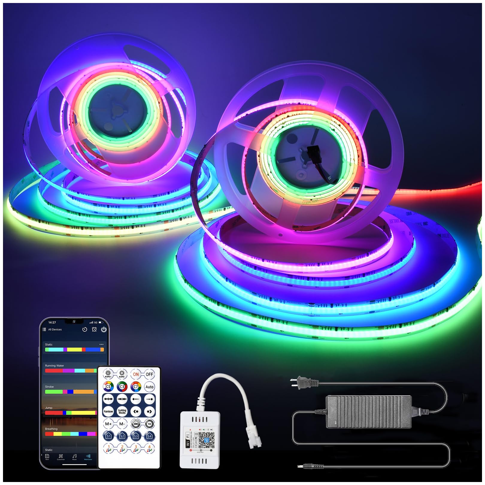 INDARUN RGB Smart IC COB Led Strip Light 32.8ft, 7200 LEDs 12mm Width, 24V Led Strip Lights Color Flowing Multicolor, Flexible Tape Light for TV Backlight, Smart Led Srtip Lights APP Control
