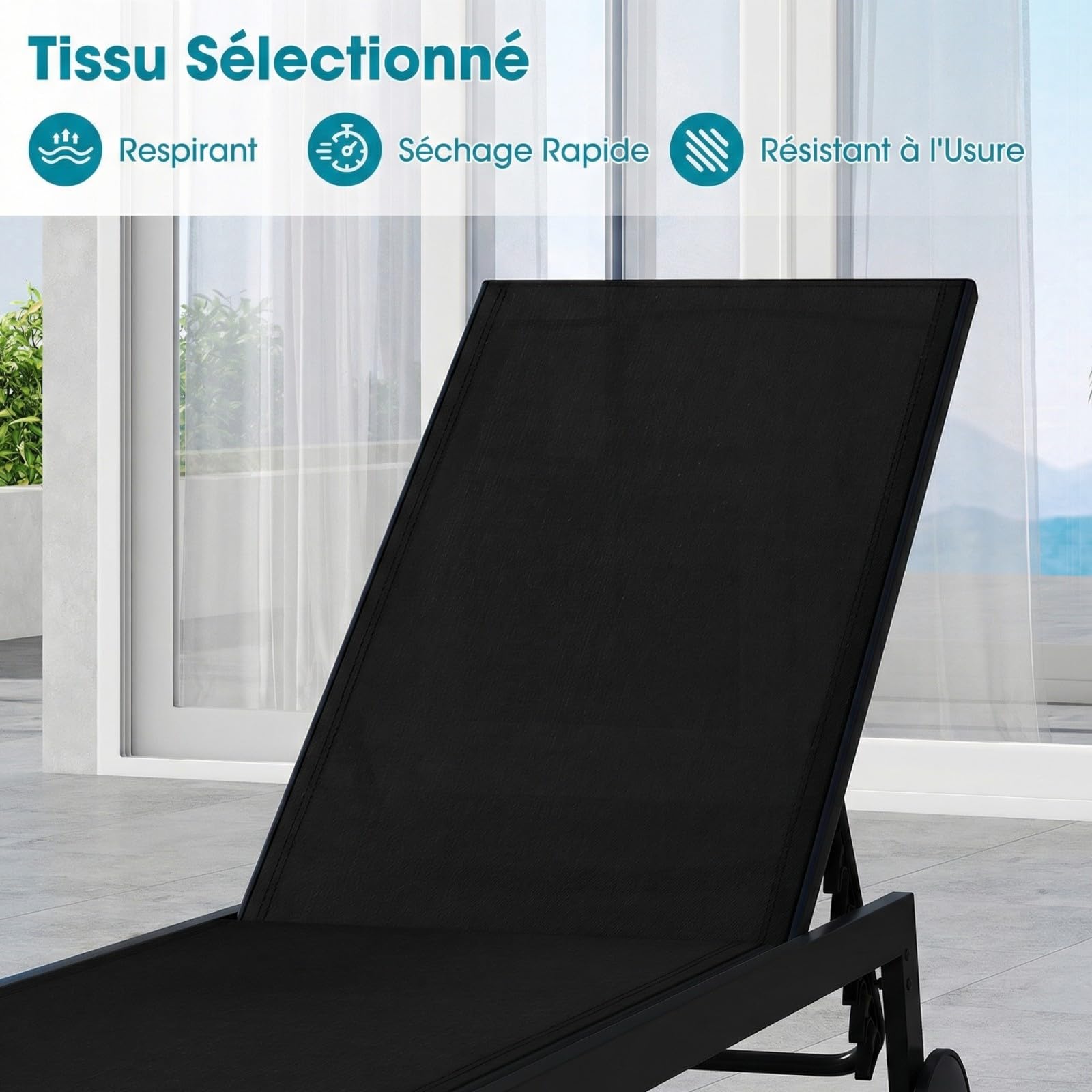 COSTWAY Bain de Soleil avec 2 roulettes, Chaise Longue Jardin Exterieur Réglable en 6 Positions, Tissu Respirant, Structure en Métal, Transat pour Piscine Terrasse Jardin, Charge 150 kg (Noir,1)
