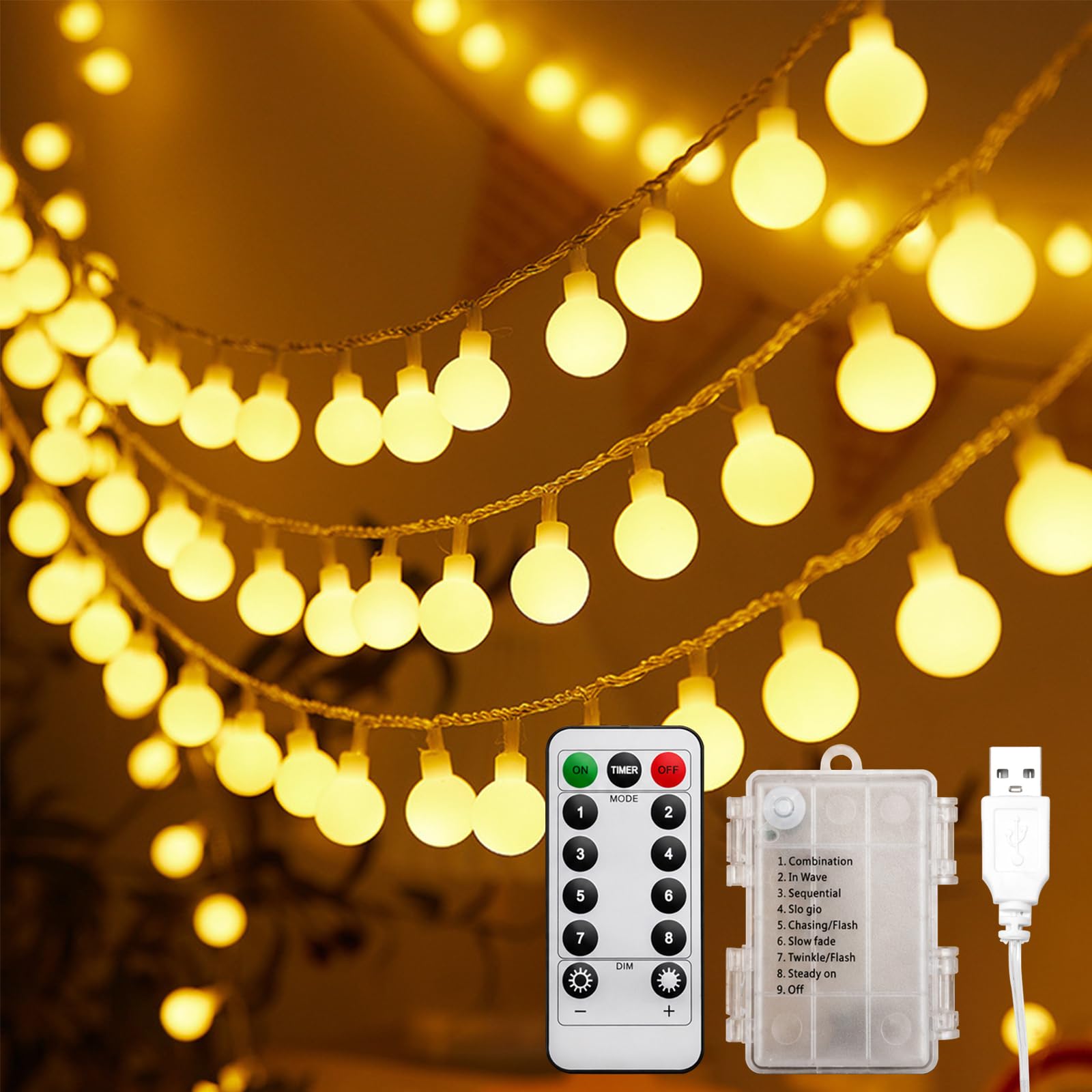 ENLACE Lichterkette – USB Aufladbar, Mit Timer & 8 Modi, 3 M, 20 Warmweiße LED-Kugeln, Für Innen & Außen Lichterkette USB Aufladbar