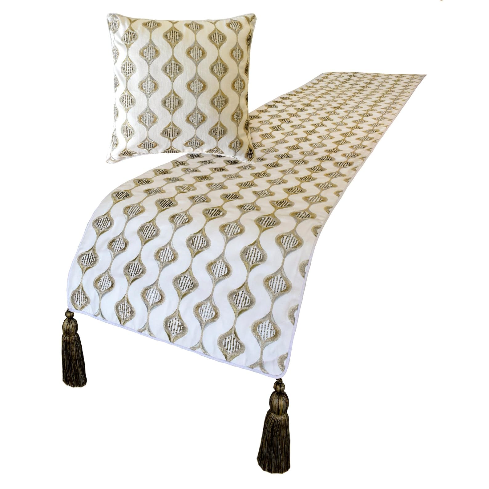 The HomeCentric King/Queen/Twin Beige Decorative Bed Runner King 225x45 cm Bed Runner With Two Cushion Cover, Embroidery, Geometric, Beaded Hand Embroidery Bed Scarf on Linen fabric - Mahsa
