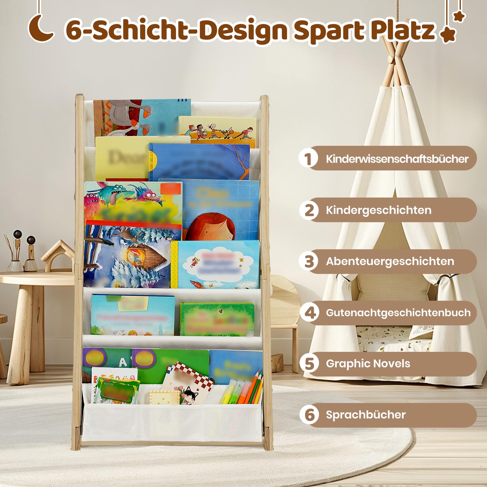 COSYLAND Kinderbücherregal Montessori – Bücherregal Kinder mit 6 Stofffächern, frontal offenes Bücher-Display aus Kiefernholz, Kinderregal für Kinderzimmer & Leseecke, Naturholz, 42 x 30 x 76 cm