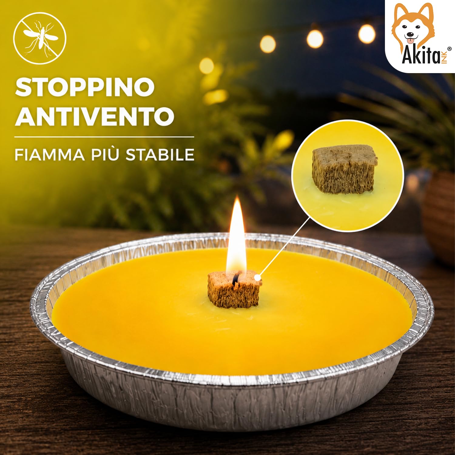 Akitaink Candele Citronella Antizanzare Esterno, Set da 5 Pezzi | Fiaccole Ø 14 cm, Ciotola di Alluminio, Disponibili in Set da 5 o 10