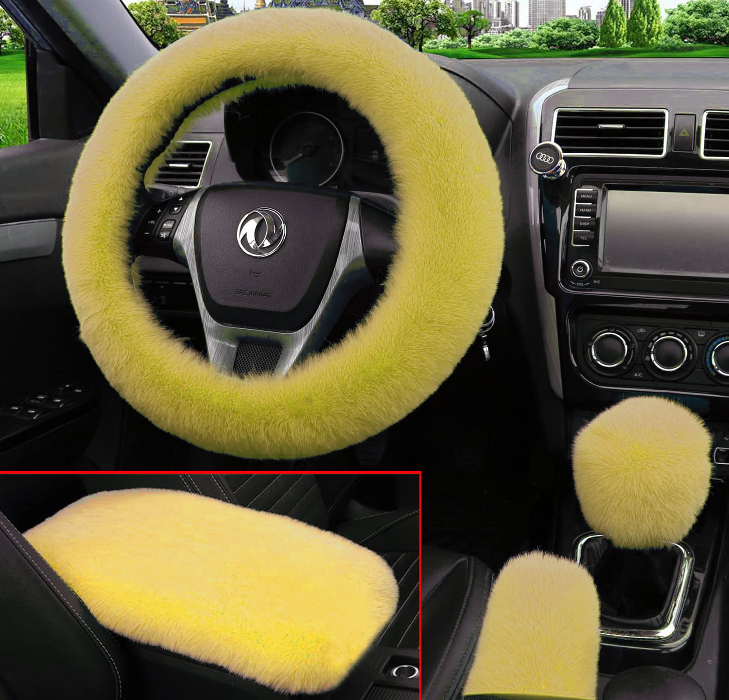 Dotesy - Juego De 6 Fundas Para Volante De Coche De Lana Sintética Esponjosa, Para Cinturón De Seguridad, Almohadillas Para Orejas De Hombro Para Consola Central, Reposabrazos Y Funda Para Perilla De