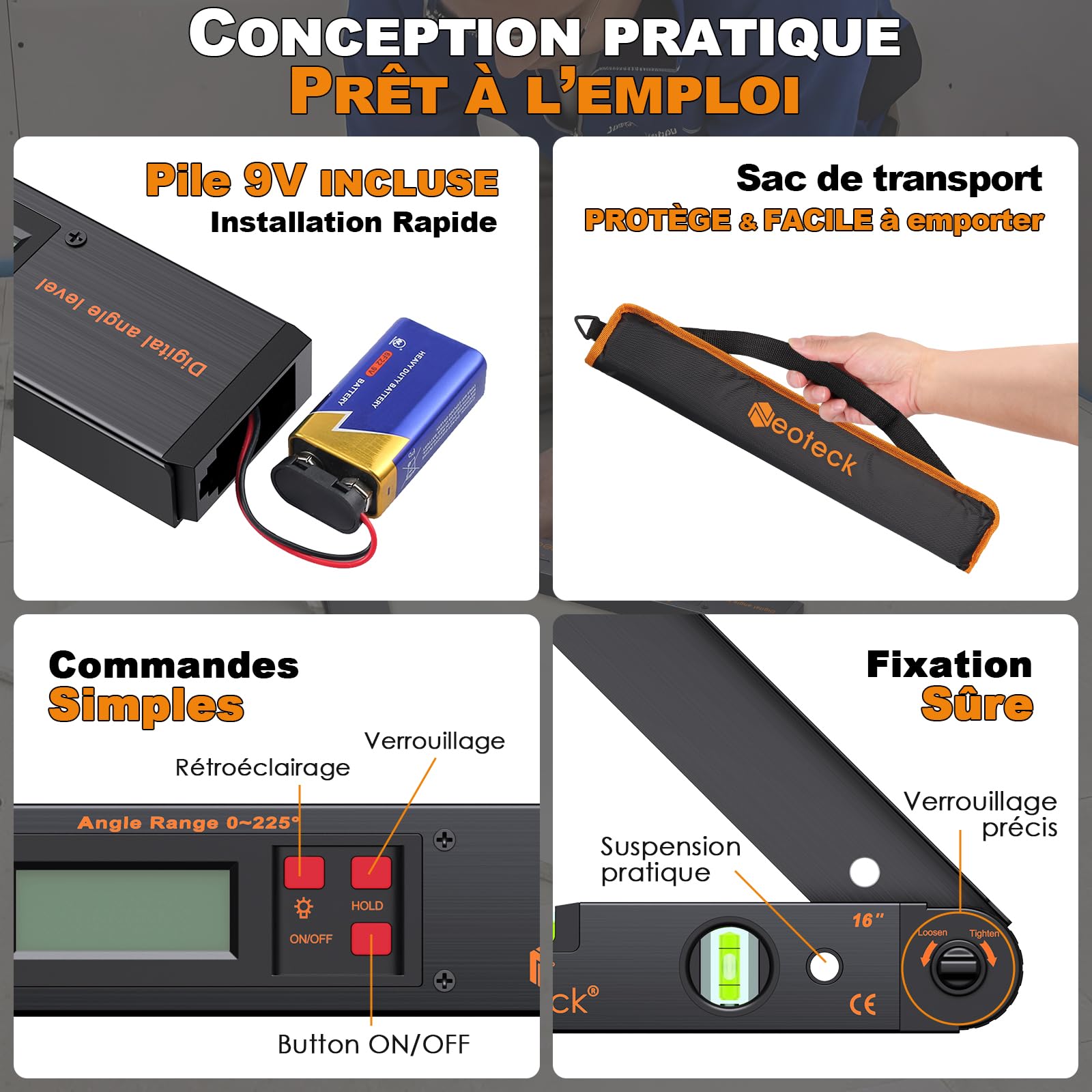 Neoteck 400mm/0~225°Rapporteur d’Angle Numérique – Règle Angle avec Niveau Bulle, Écran LCD Rétroéclairé, Fonction HOLD, Étui et Pile – Outil de Mesure Précis pour Menuiserie, Toiture, Chantier-Noir