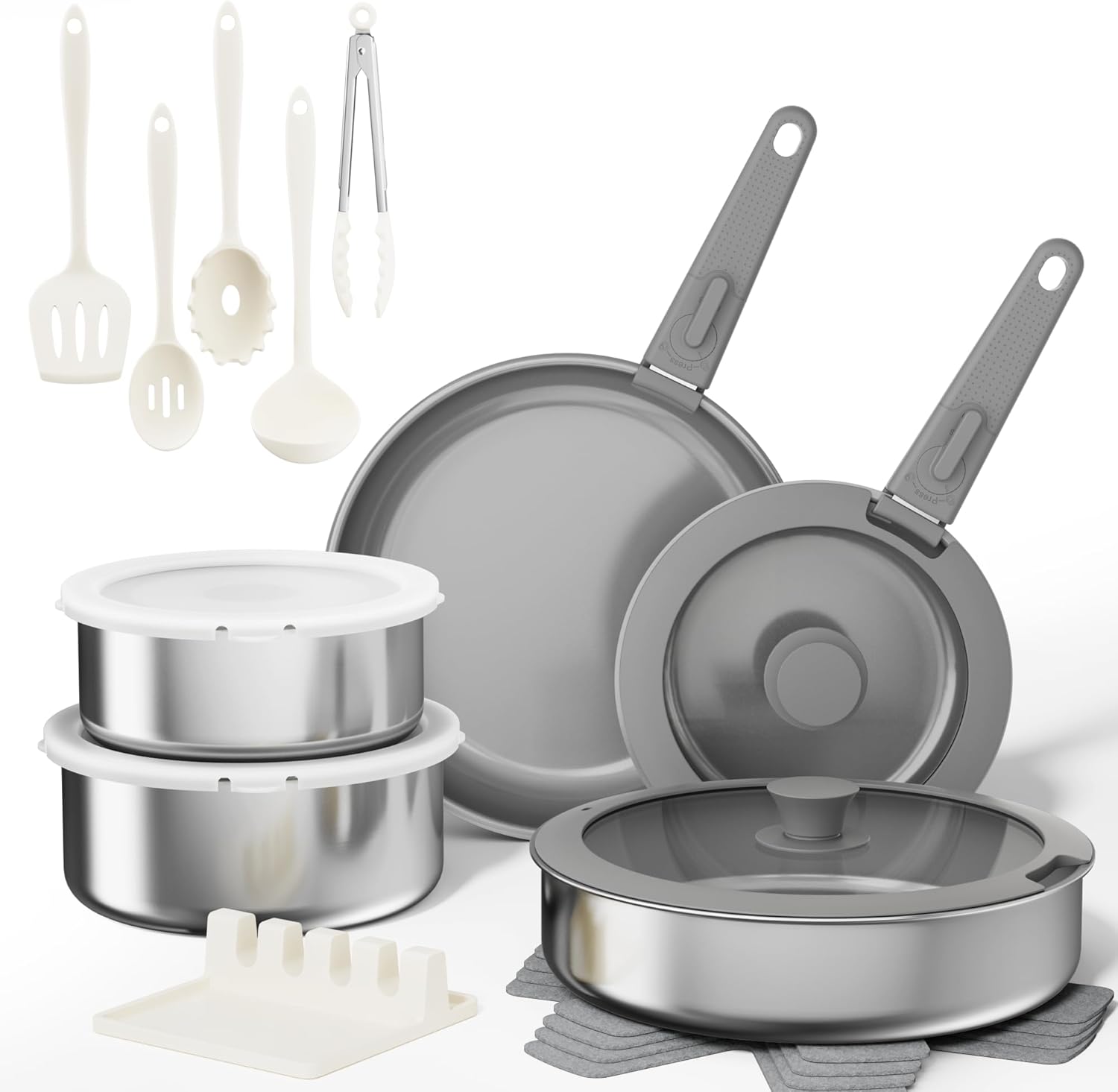 Sanho 21-Piece Pots and Pans Set, Ceramic Nonstick Cookware with Detachable Handles, Non-Toxic 4-Layer Stainless Steel & Aluminum Core, Induction RV Kitchen Set, Dishwasher & Oven Safe, Gray