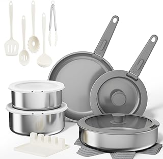 Sanho 21-Piece Pots and Pans Set, Ceramic Nonstick Cookware with Detachable Handles, Non-Toxic 4-Layer Stainless Steel & Aluminum Core, Induction RV Kitchen Set, Dishwasher & Oven Safe, Gray