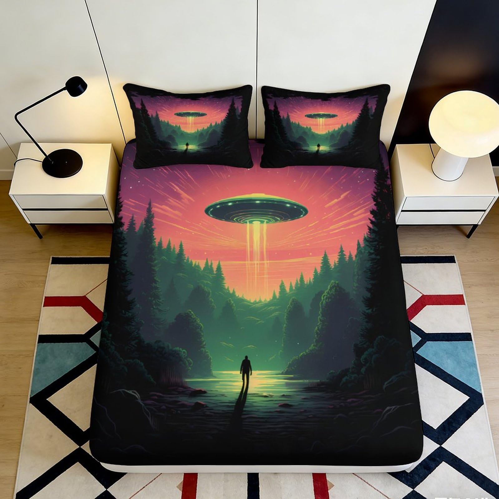 Pnayamiorkfel Style-8 3D Printed Ufo Forest Fitted Sheet Microfiber Soft Bedroom Decor Alien Abduction Bed Cover Mattress Protection 90X200x25cm