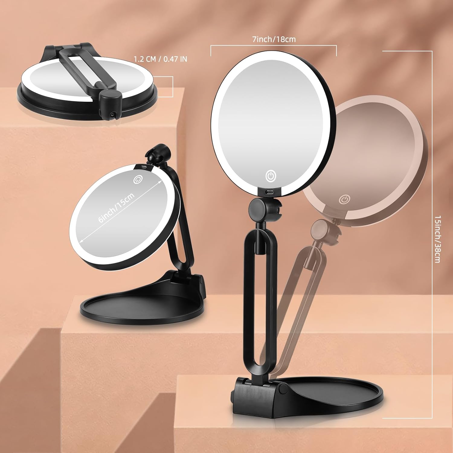 40X/1X Makeup Magnifying Mirror with Lights, 6inch Double-Sided 1X/40X Makeup Magnified Mirror Desktop LED 40X Magnification 3 Color Dimmable Light, Rechargeable Battery, 360° Rotation Folding Bracket