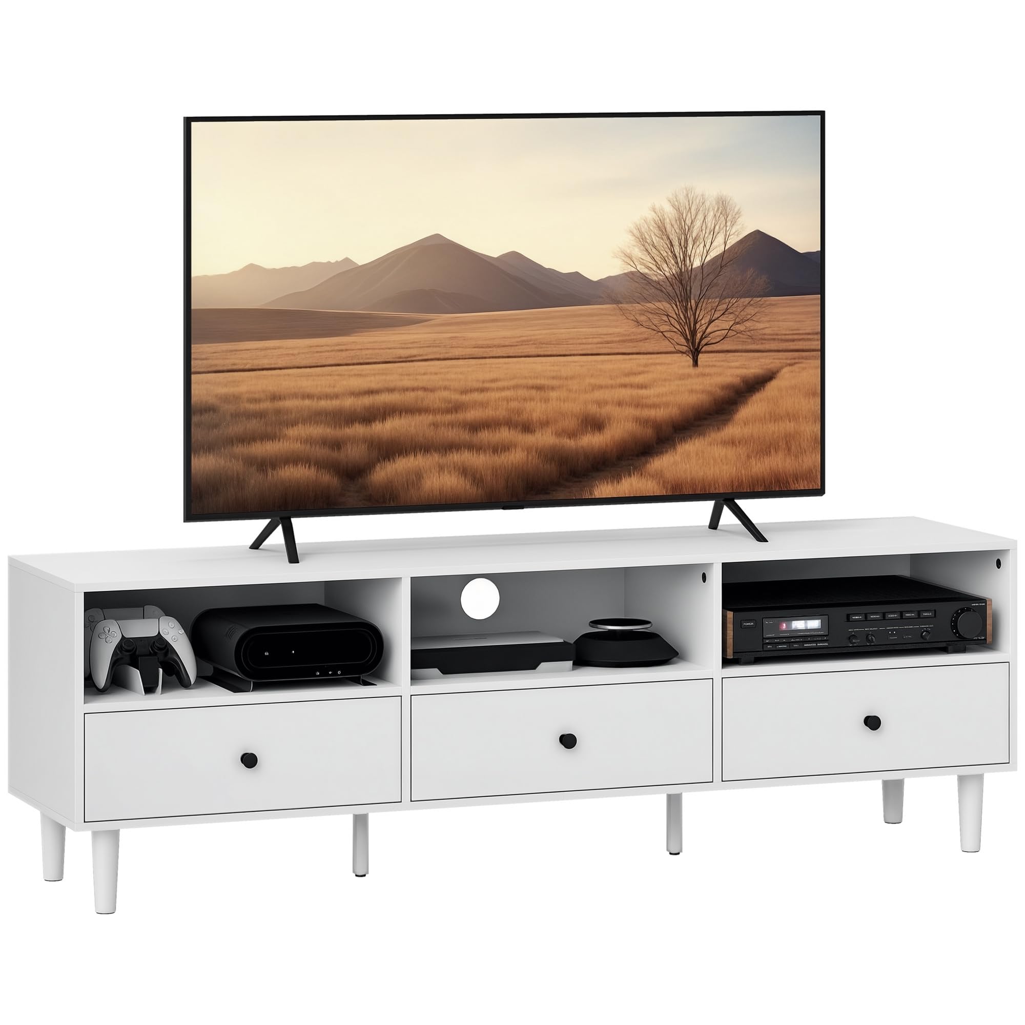 HOMCOM Szafka RTV z szufladami i zarz. kabli 75 cali biała 140x34x45cm