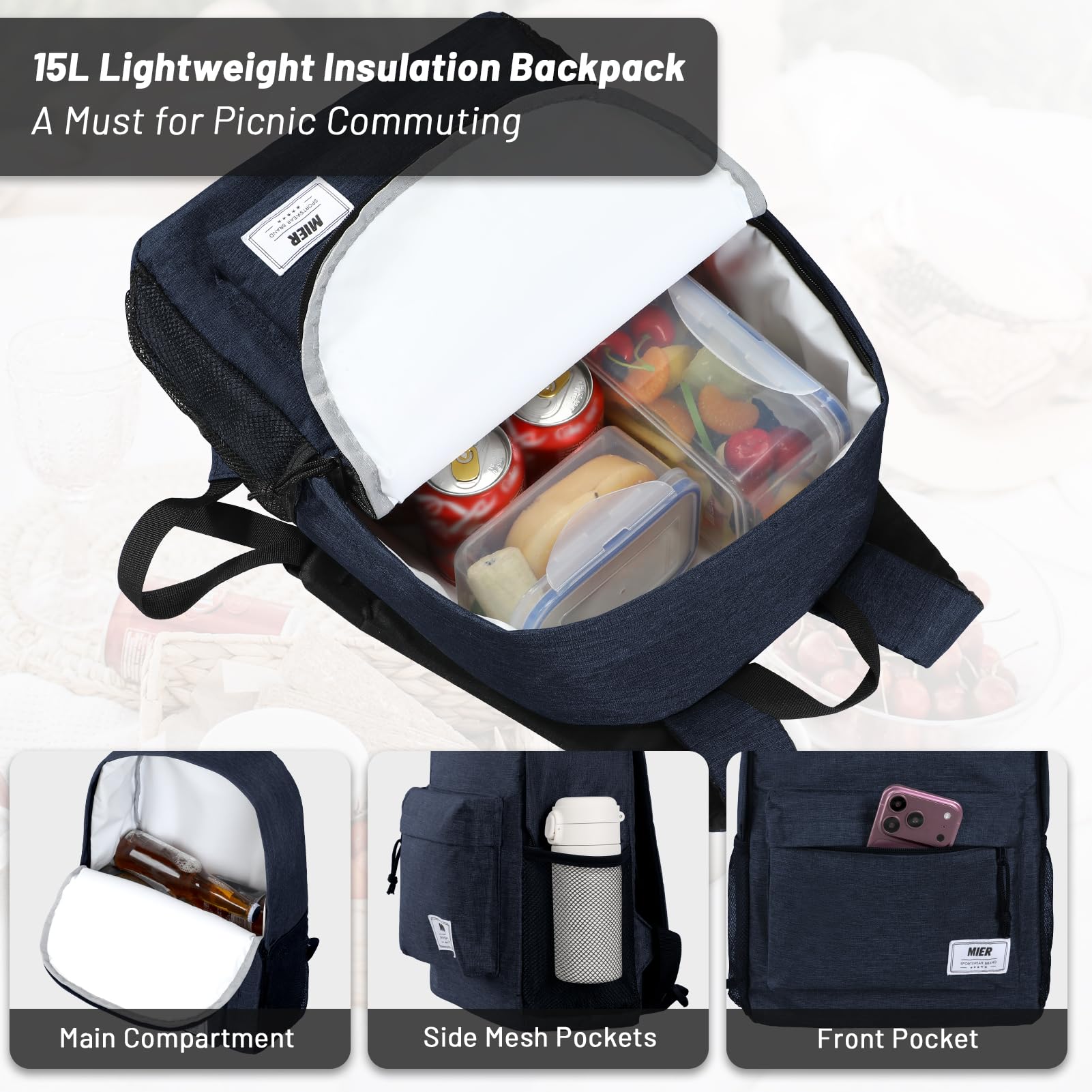 MIER Petit sac à dos isotherme étanche avec glacières, léger et mignon pour le travail, les pique-niques, le camping, les excursions au parc, 15 L, bleu foncé