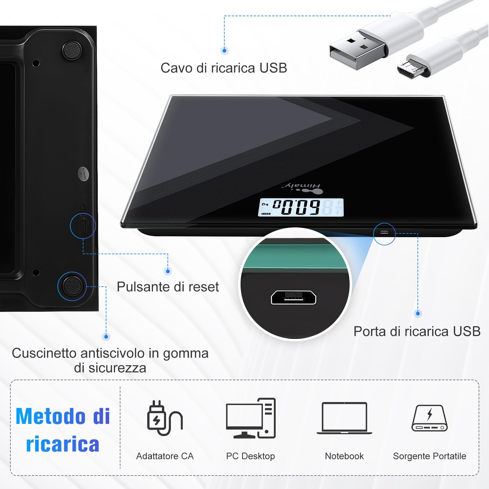 Himaly USB Carga Bilancia Pesa Persona Digitale Bilancia Pesapersone Impedenziometrica Professionale Elettronica Da Bagno Display Retro-illuminato Sottilissimo e Preciso Ricarica