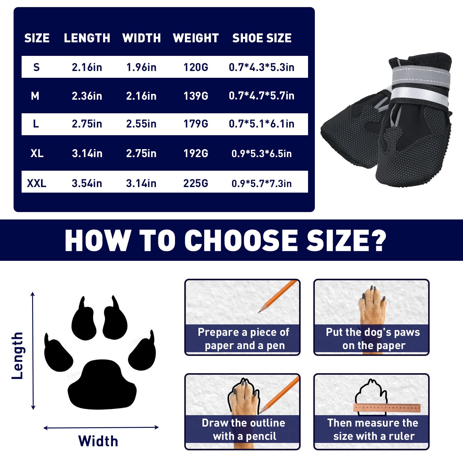 Bottes Chien, Ensemble de 4 Chaussures pour Chiens Antidérapant, Bottes de Protection pour Chien Imperméable pour Chiens de Taille Moyenne et Grande (L, Noir)