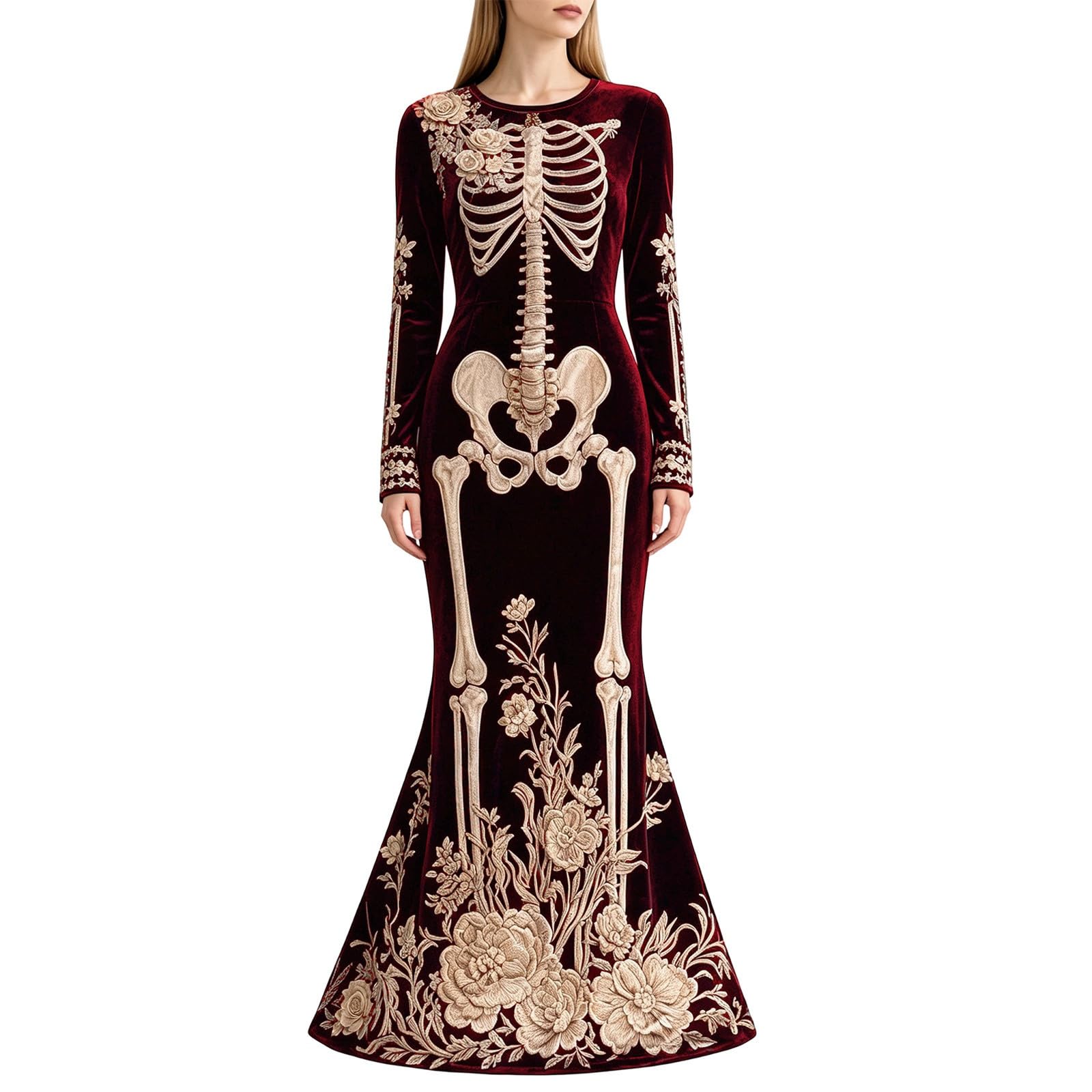 Halloween Costumes for Women Adult Skeleton Costume Long Sleeve Goth Evening Dress Ladies Plus Size 3D Digital Print Floral Maxi Dresses Fashion Womens Halloween Party Cosplay Costume