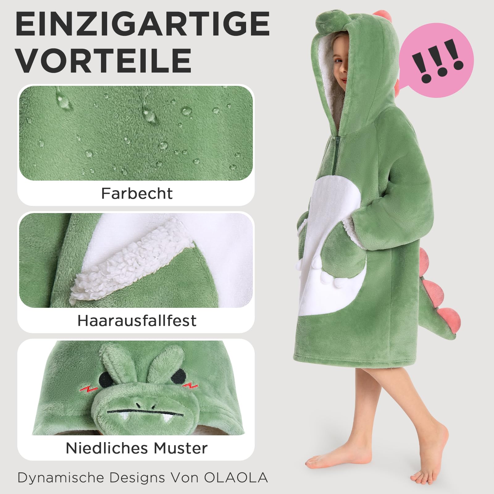 OLAOLA Dinosaurier Decken-Hoodie für Kinder, Weiche Kuscheldecke Unisex | Cooles Dinosaurier-Motiv für Kinder. Extra warme und kuschelige Decke mit Kapuze, das ideale Wintergeschenk für Kinder.