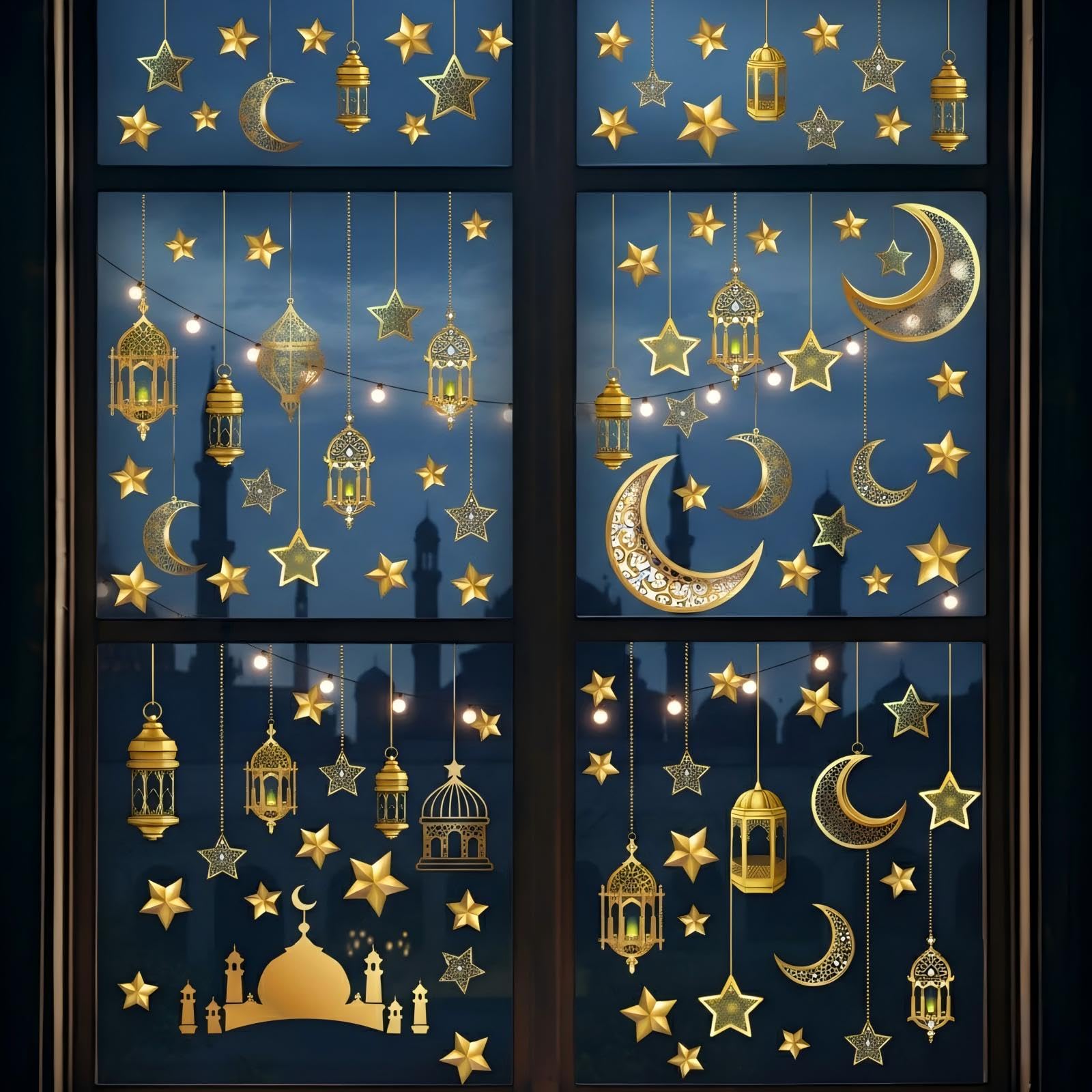 Fogcosy Gold 5 Sheets Eid Mubarak Window Stickers, Ramadan Kareem Window Clings, Ramadan Mubarak Decorations, Moon Star Eid Stickers For Home Party Glass Decorations