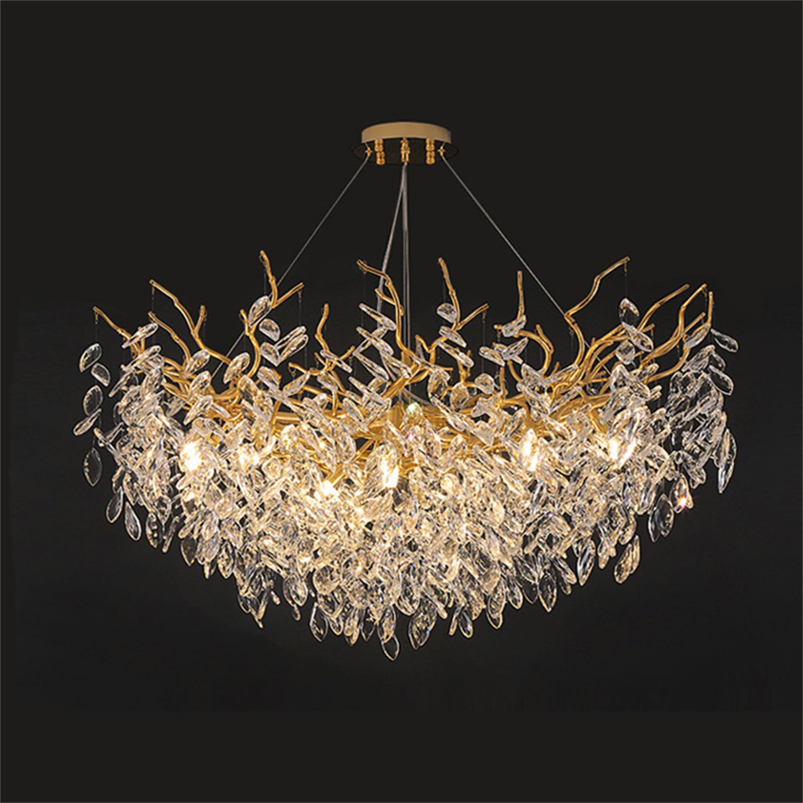 SXECAEPS Modern creative chandelier Gold Crystal Modern High Ceiling Tree Branch Lighting Large Raindrop Luxury Light Fixture for Foyer Entryway Staircase Living Room,Round 80cm