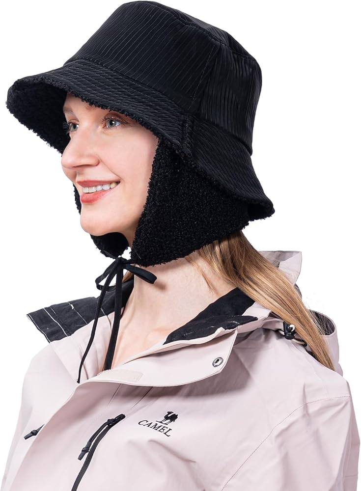Winter Bucket Rain Hats for Women Girls with Ear Flaps Fleece Warm